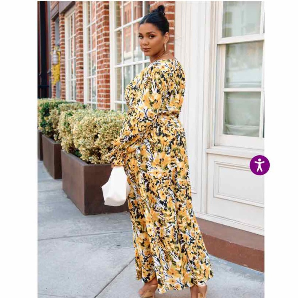 Rebdolls Cecelia Floral Print Peasant Sleeve Double Slit Maxi A Line Dress 2X